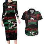 Personalized South Sydney Rabbitohs Couples Matching Long Sleeve Bodycon Dress and Hawaiian Shirt Graffiti Grunge Abstract Urban Street Style Design
