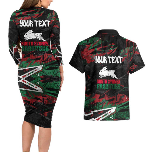 Personalized South Sydney Rabbitohs Couples Matching Long Sleeve Bodycon Dress and Hawaiian Shirt Graffiti Grunge Abstract Urban Street Style Design