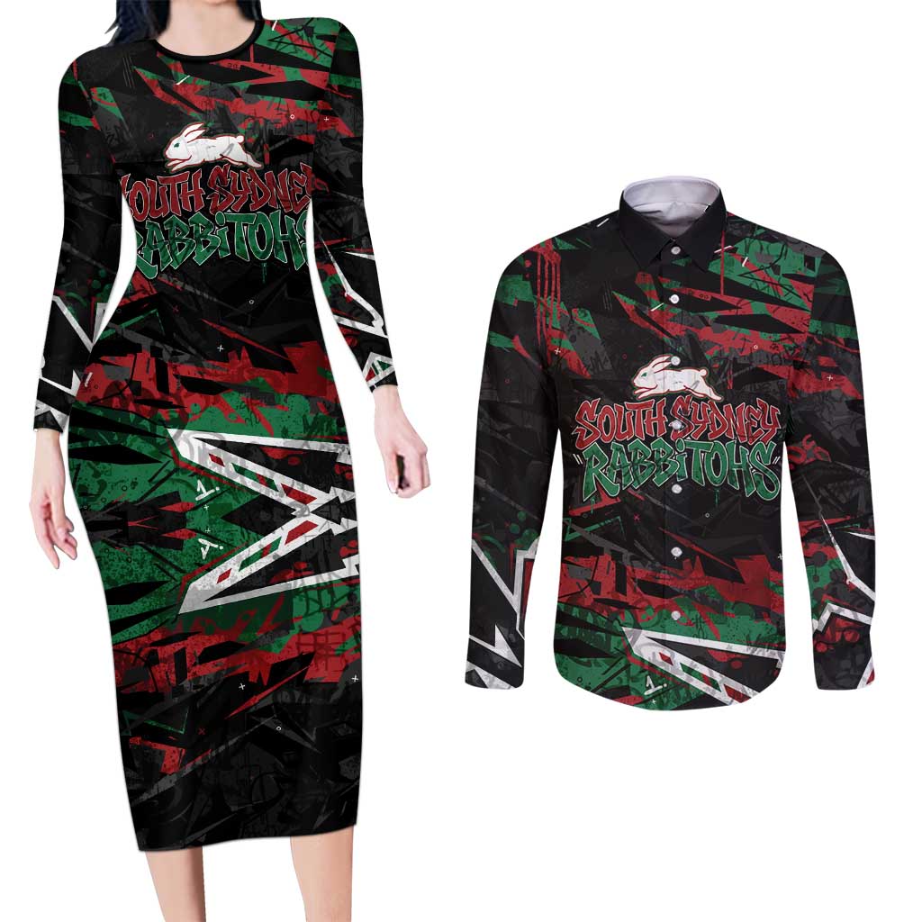 Personalized South Sydney Rabbitohs Couples Matching Long Sleeve Bodycon Dress and Long Sleeve Button Shirt Graffiti Grunge Abstract Urban Street Style Design