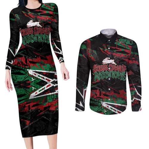 Personalized South Sydney Rabbitohs Couples Matching Long Sleeve Bodycon Dress and Long Sleeve Button Shirt Graffiti Grunge Abstract Urban Street Style Design