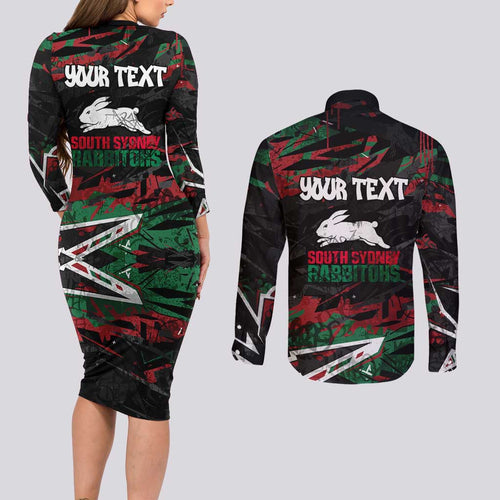 Personalized South Sydney Rabbitohs Couples Matching Long Sleeve Bodycon Dress and Long Sleeve Button Shirt Graffiti Grunge Abstract Urban Street Style Design