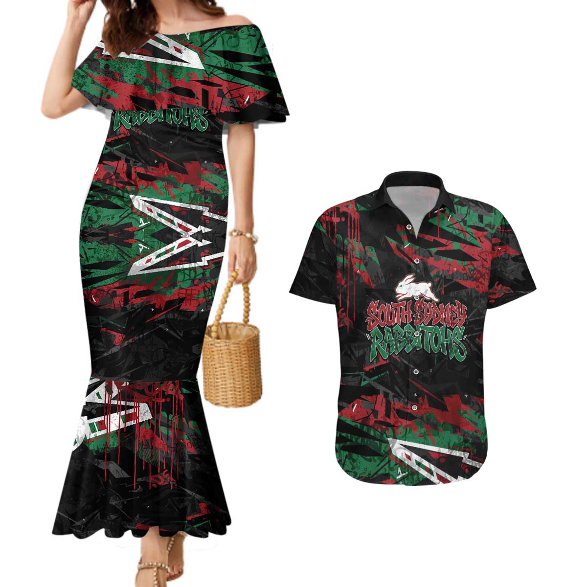 Personalized South Sydney Rabbitohs Couples Matching Mermaid Dress and Hawaiian Shirt Graffiti Grunge Abstract Urban Street Style Design