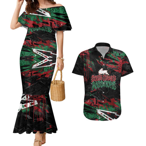 Personalized South Sydney Rabbitohs Couples Matching Mermaid Dress and Hawaiian Shirt Graffiti Grunge Abstract Urban Street Style Design