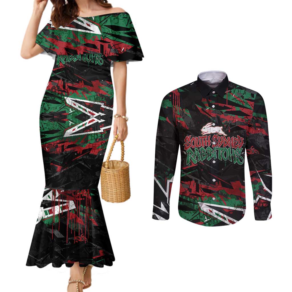 Personalized South Sydney Rabbitohs Couples Matching Mermaid Dress and Long Sleeve Button Shirt Graffiti Grunge Abstract Urban Street Style Design