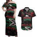 Personalized South Sydney Rabbitohs Couples Matching Off Shoulder Maxi Dress and Hawaiian Shirt Graffiti Grunge Abstract Urban Street Style Design