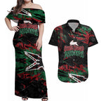Personalized South Sydney Rabbitohs Couples Matching Off Shoulder Maxi Dress and Hawaiian Shirt Graffiti Grunge Abstract Urban Street Style Design