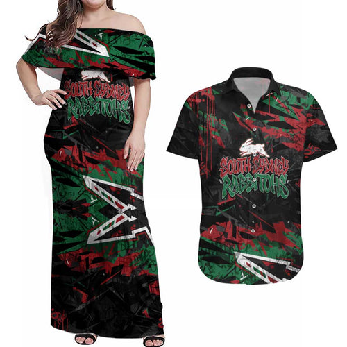 Personalized South Sydney Rabbitohs Couples Matching Off Shoulder Maxi Dress and Hawaiian Shirt Graffiti Grunge Abstract Urban Street Style Design