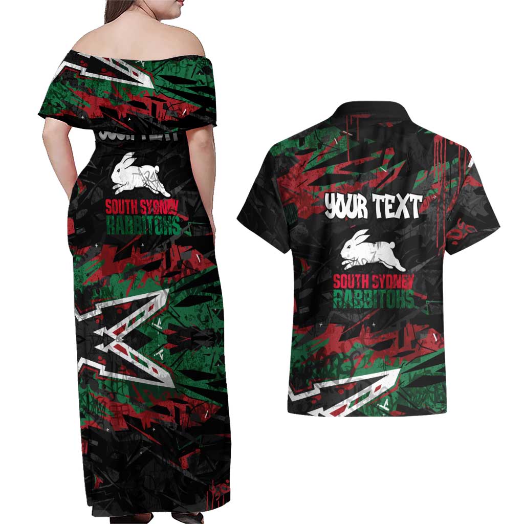 Personalized South Sydney Rabbitohs Couples Matching Off Shoulder Maxi Dress and Hawaiian Shirt Graffiti Grunge Abstract Urban Street Style Design
