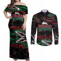 Personalized South Sydney Rabbitohs Couples Matching Off Shoulder Maxi Dress and Long Sleeve Button Shirt Graffiti Grunge Abstract Urban Street Style Design