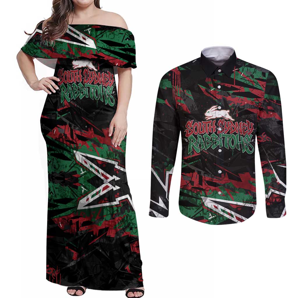 Personalized South Sydney Rabbitohs Couples Matching Off Shoulder Maxi Dress and Long Sleeve Button Shirt Graffiti Grunge Abstract Urban Street Style Design