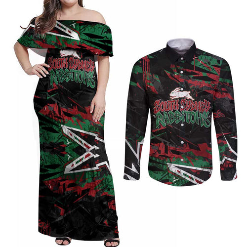 Personalized South Sydney Rabbitohs Couples Matching Off Shoulder Maxi Dress and Long Sleeve Button Shirt Graffiti Grunge Abstract Urban Street Style Design
