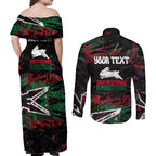 Personalized South Sydney Rabbitohs Couples Matching Off Shoulder Maxi Dress and Long Sleeve Button Shirt Graffiti Grunge Abstract Urban Street Style Design