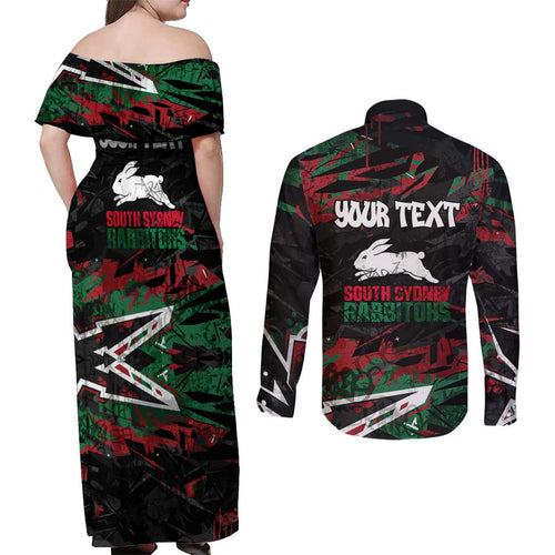 Personalized South Sydney Rabbitohs Couples Matching Off Shoulder Maxi Dress and Long Sleeve Button Shirt Graffiti Grunge Abstract Urban Street Style Design