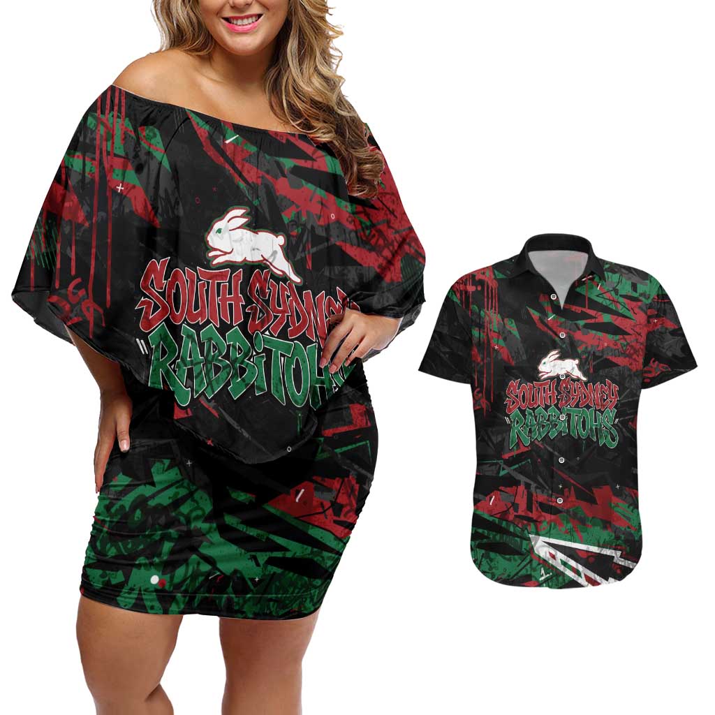 Personalized South Sydney Rabbitohs Couples Matching Off Shoulder Short Dress and Hawaiian Shirt Graffiti Grunge Abstract Urban Street Style Design