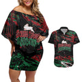 Personalized South Sydney Rabbitohs Couples Matching Off Shoulder Short Dress and Hawaiian Shirt Graffiti Grunge Abstract Urban Street Style Design