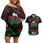 Personalized South Sydney Rabbitohs Couples Matching Off Shoulder Short Dress and Hawaiian Shirt Graffiti Grunge Abstract Urban Street Style Design