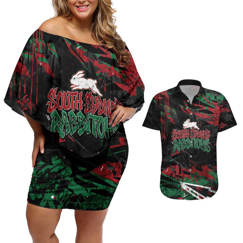 Personalized South Sydney Rabbitohs Couples Matching Off Shoulder Short Dress and Hawaiian Shirt Graffiti Grunge Abstract Urban Street Style Design