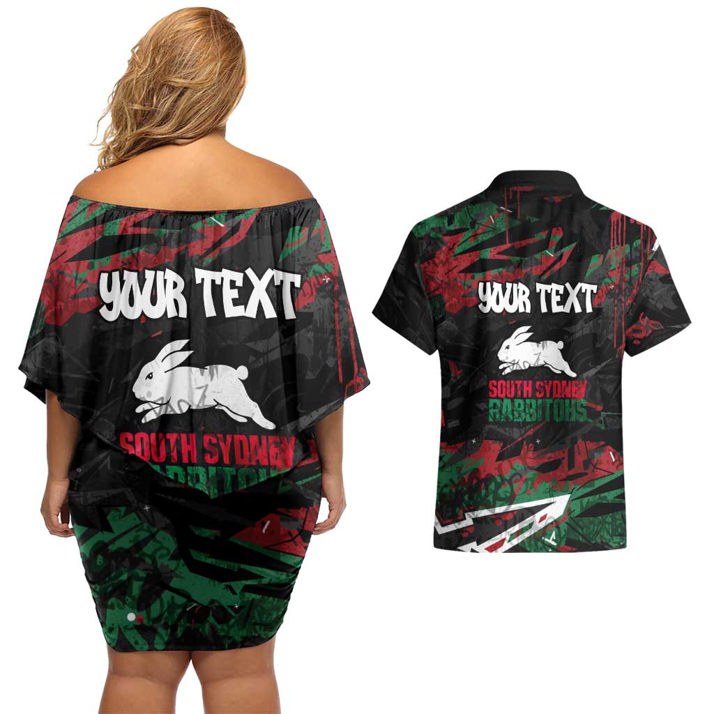 Personalized South Sydney Rabbitohs Couples Matching Off Shoulder Short Dress and Hawaiian Shirt Graffiti Grunge Abstract Urban Street Style Design