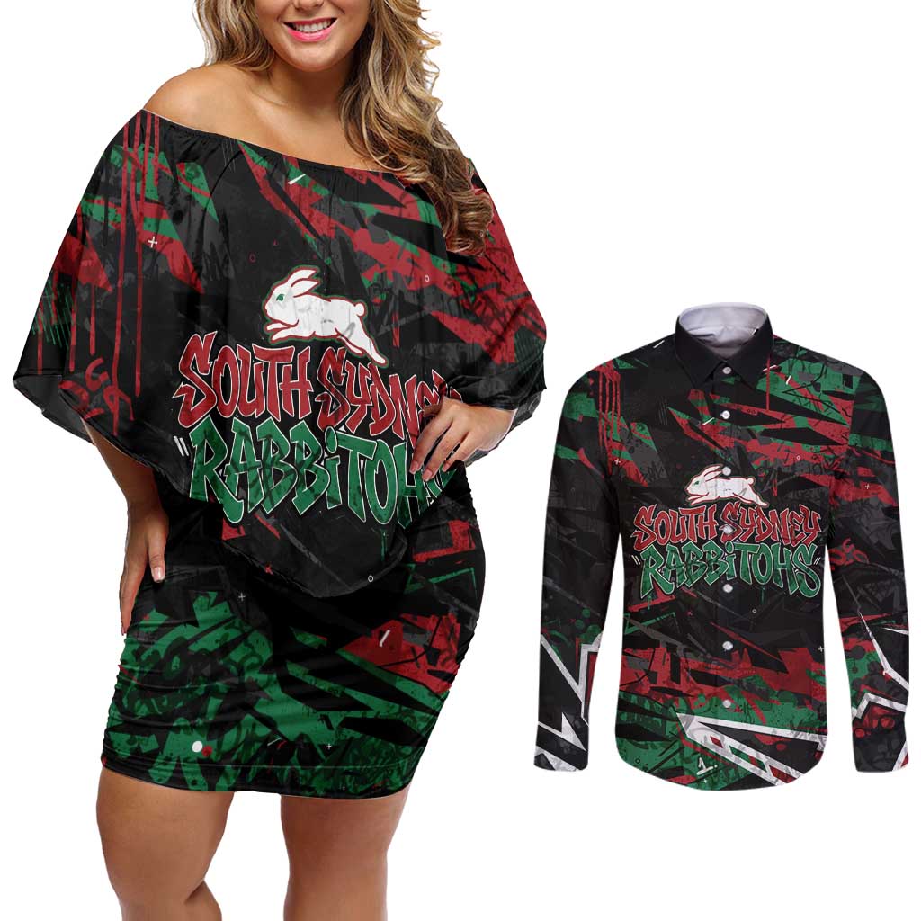 Personalized South Sydney Rabbitohs Couples Matching Off Shoulder Short Dress and Long Sleeve Button Shirt Graffiti Grunge Abstract Urban Street Style Design