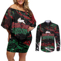 Personalized South Sydney Rabbitohs Couples Matching Off Shoulder Short Dress and Long Sleeve Button Shirt Graffiti Grunge Abstract Urban Street Style Design