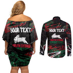 Personalized South Sydney Rabbitohs Couples Matching Off Shoulder Short Dress and Long Sleeve Button Shirt Graffiti Grunge Abstract Urban Street Style Design