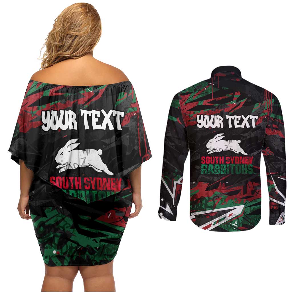 Personalized South Sydney Rabbitohs Couples Matching Off Shoulder Short Dress and Long Sleeve Button Shirt Graffiti Grunge Abstract Urban Street Style Design
