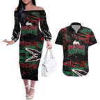 Personalized South Sydney Rabbitohs Couples Matching Off The Shoulder Long Sleeve Dress and Hawaiian Shirt Graffiti Grunge Abstract Urban Street Style Design