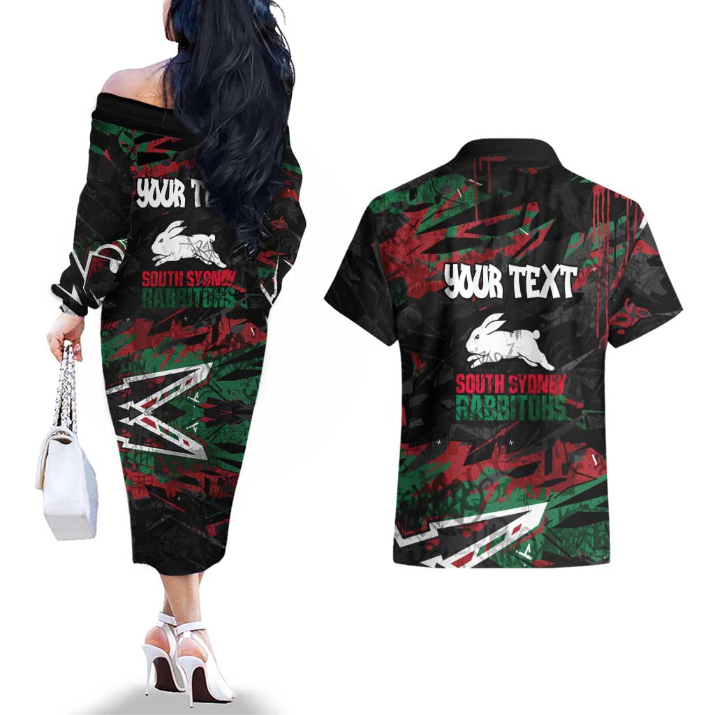 Personalized South Sydney Rabbitohs Couples Matching Off The Shoulder Long Sleeve Dress and Hawaiian Shirt Graffiti Grunge Abstract Urban Street Style Design