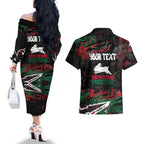Personalized South Sydney Rabbitohs Couples Matching Off The Shoulder Long Sleeve Dress and Hawaiian Shirt Graffiti Grunge Abstract Urban Street Style Design