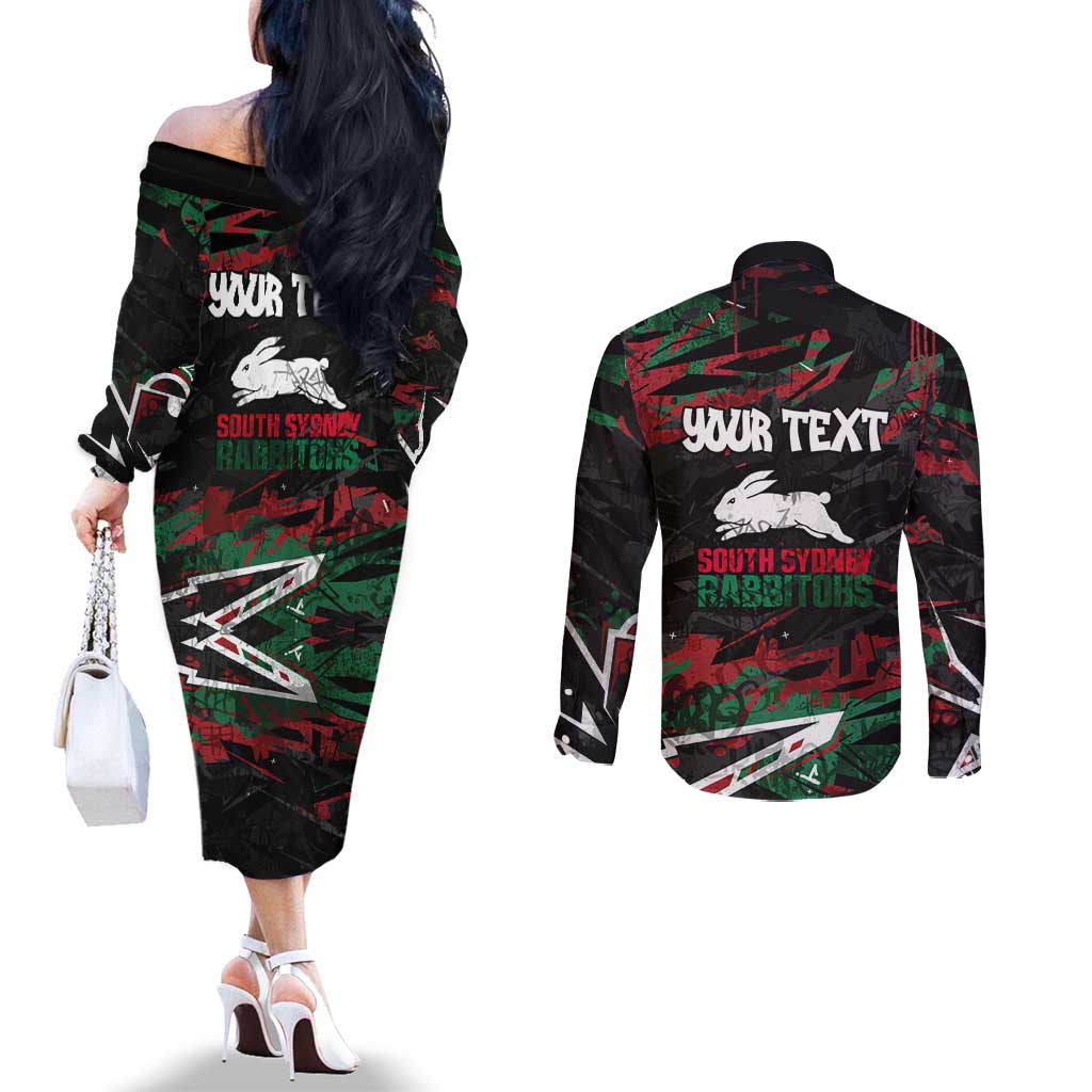 Personalized South Sydney Rabbitohs Couples Matching Off The Shoulder Long Sleeve Dress and Long Sleeve Button Shirt Graffiti Grunge Abstract Urban Street Style Design
