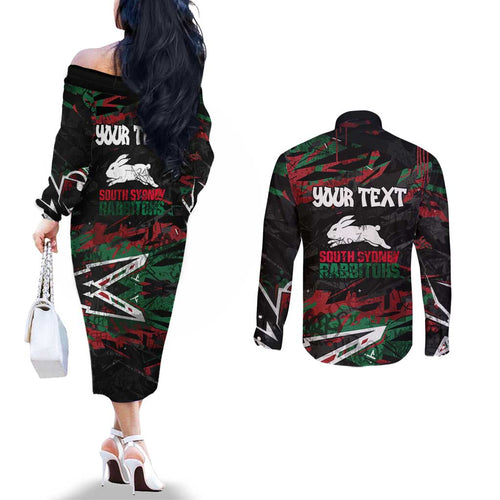 Personalized South Sydney Rabbitohs Couples Matching Off The Shoulder Long Sleeve Dress and Long Sleeve Button Shirt Graffiti Grunge Abstract Urban Street Style Design