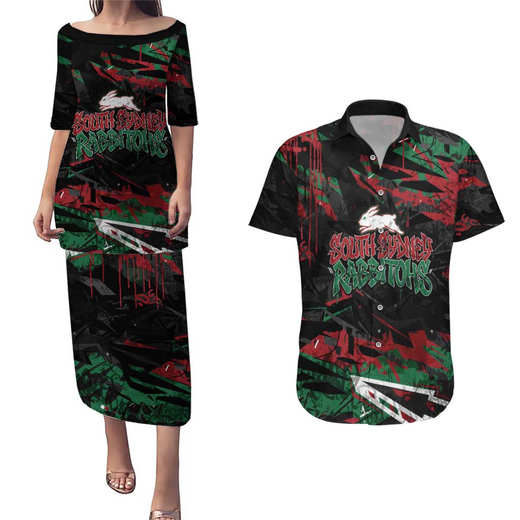 Personalized South Sydney Rabbitohs Couples Matching Puletasi and Hawaiian Shirt Graffiti Grunge Abstract Urban Street Style Design