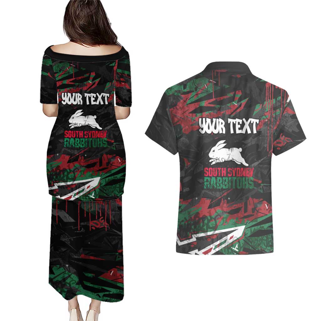 Personalized South Sydney Rabbitohs Couples Matching Puletasi and Hawaiian Shirt Graffiti Grunge Abstract Urban Street Style Design