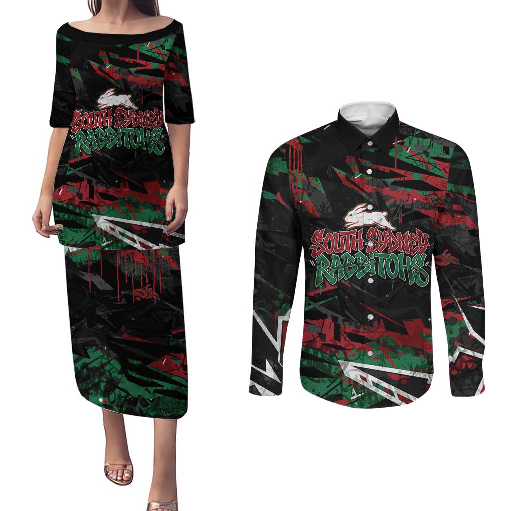 Personalized South Sydney Rabbitohs Couples Matching Puletasi and Long Sleeve Button Shirt Graffiti Grunge Abstract Urban Street Style Design