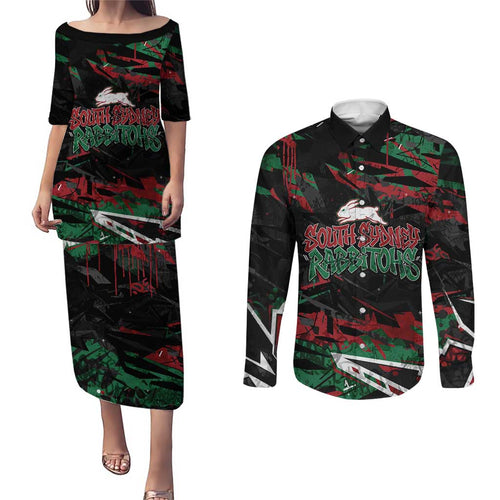 Personalized South Sydney Rabbitohs Couples Matching Puletasi and Long Sleeve Button Shirt Graffiti Grunge Abstract Urban Street Style Design