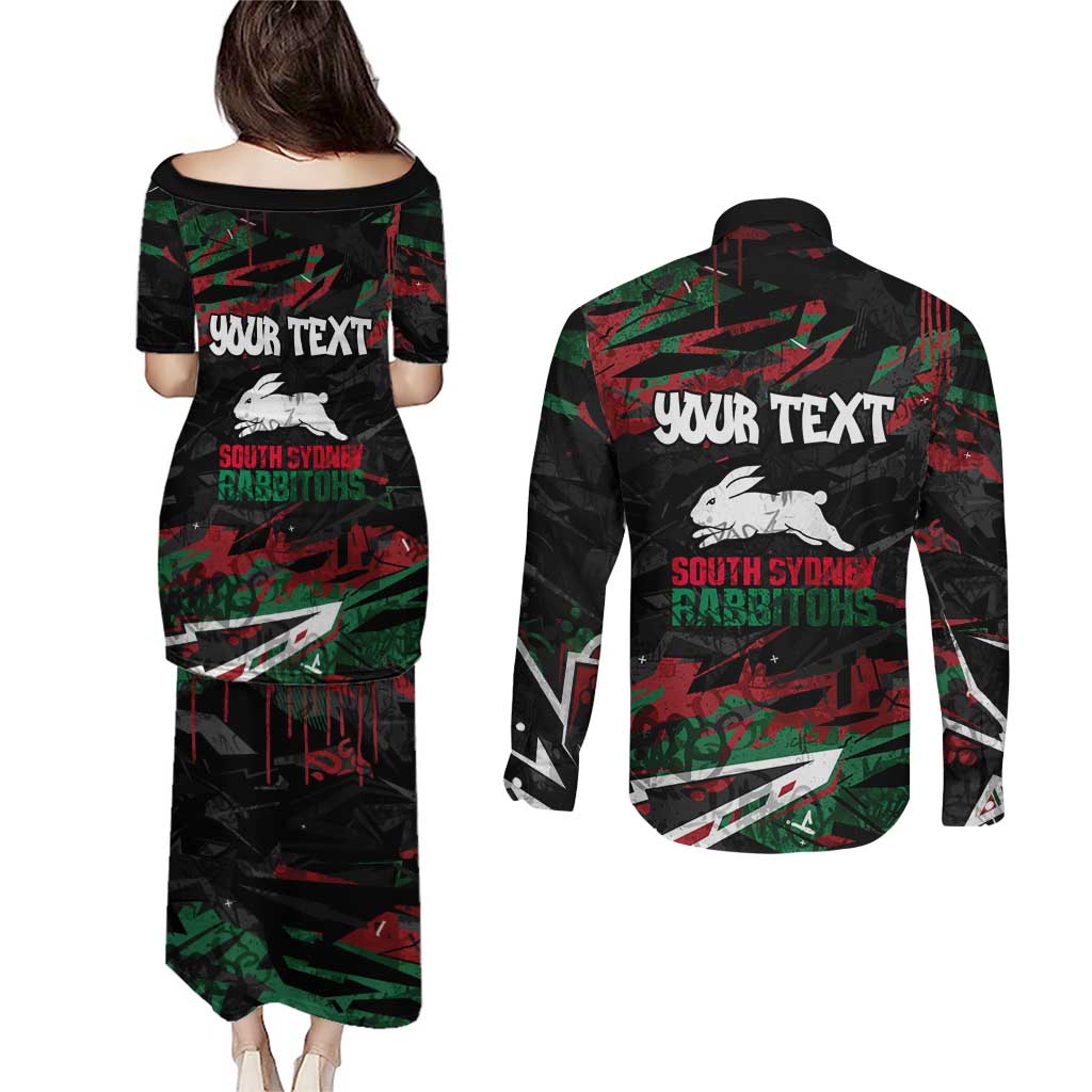 Personalized South Sydney Rabbitohs Couples Matching Puletasi and Long Sleeve Button Shirt Graffiti Grunge Abstract Urban Street Style Design