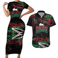 Personalized South Sydney Rabbitohs Couples Matching Short Sleeve Bodycon Dress and Hawaiian Shirt Graffiti Grunge Abstract Urban Street Style Design