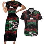 Personalized South Sydney Rabbitohs Couples Matching Short Sleeve Bodycon Dress and Hawaiian Shirt Graffiti Grunge Abstract Urban Street Style Design