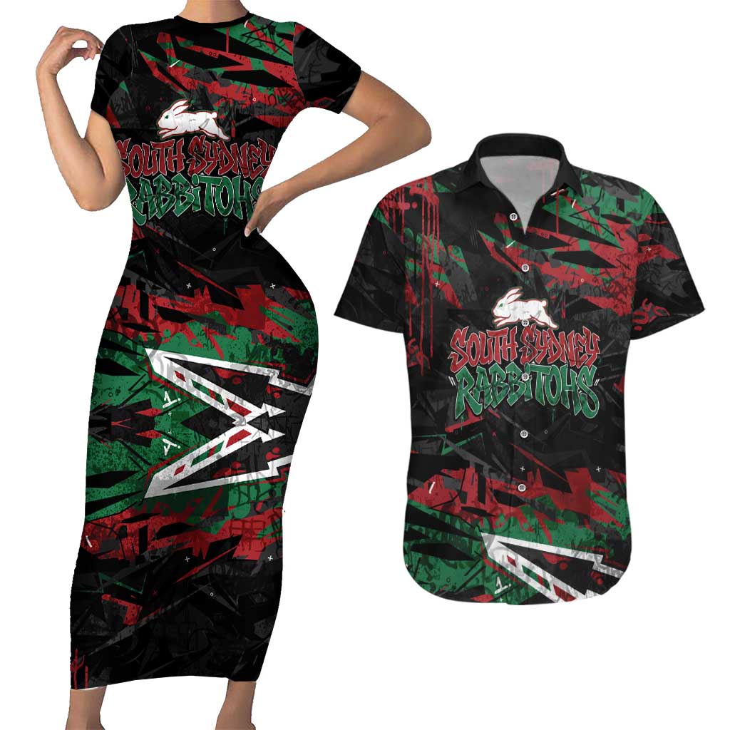 Personalized South Sydney Rabbitohs Couples Matching Short Sleeve Bodycon Dress and Hawaiian Shirt Graffiti Grunge Abstract Urban Street Style Design