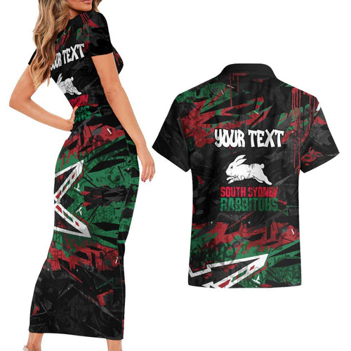 Personalized South Sydney Rabbitohs Couples Matching Short Sleeve Bodycon Dress and Hawaiian Shirt Graffiti Grunge Abstract Urban Street Style Design