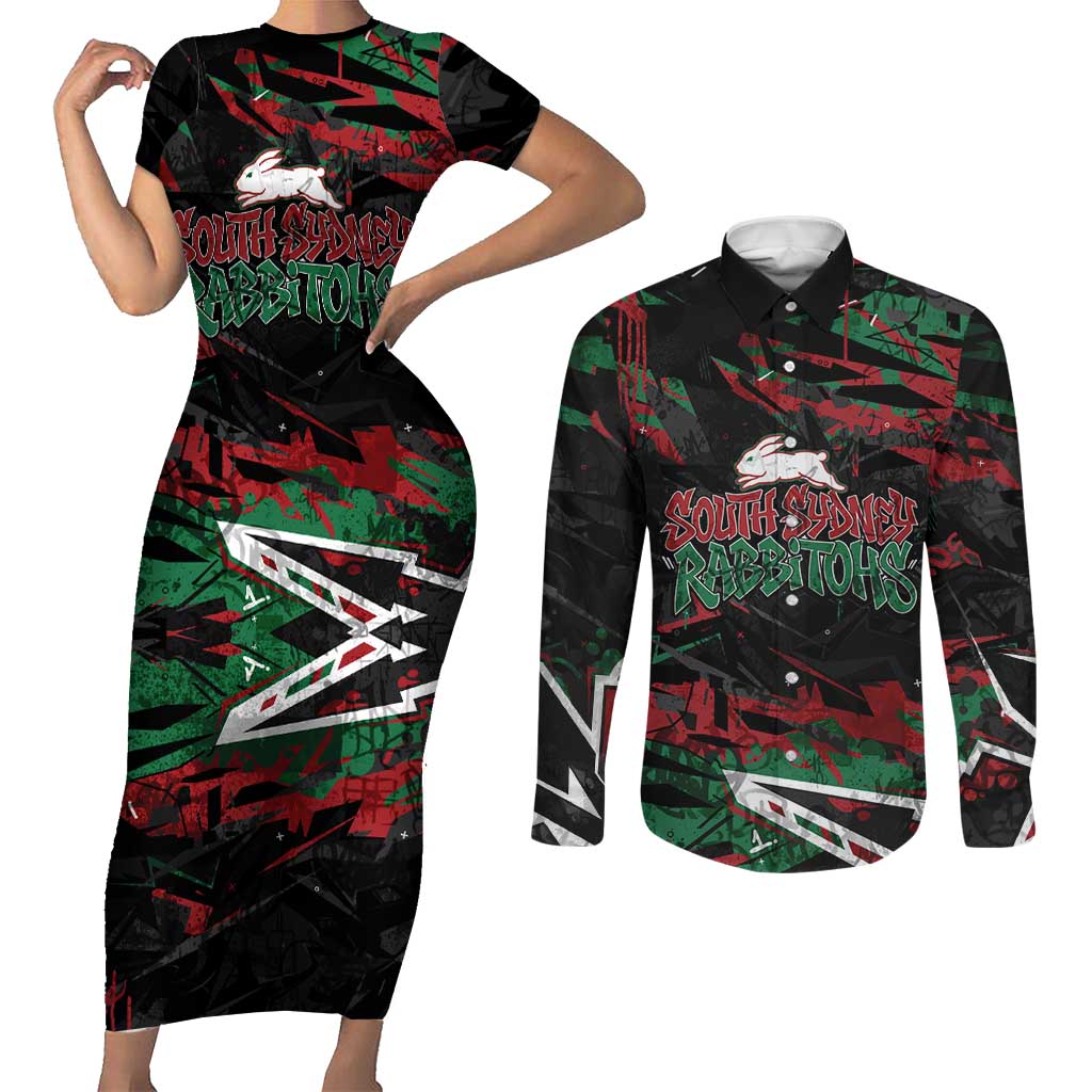 Personalized South Sydney Rabbitohs Couples Matching Short Sleeve Bodycon Dress and Long Sleeve Button Shirt Graffiti Grunge Abstract Urban Street Style Design