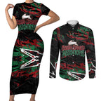 Personalized South Sydney Rabbitohs Couples Matching Short Sleeve Bodycon Dress and Long Sleeve Button Shirt Graffiti Grunge Abstract Urban Street Style Design