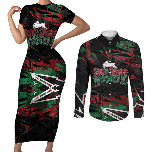Personalized South Sydney Rabbitohs Couples Matching Short Sleeve Bodycon Dress and Long Sleeve Button Shirt Graffiti Grunge Abstract Urban Street Style Design