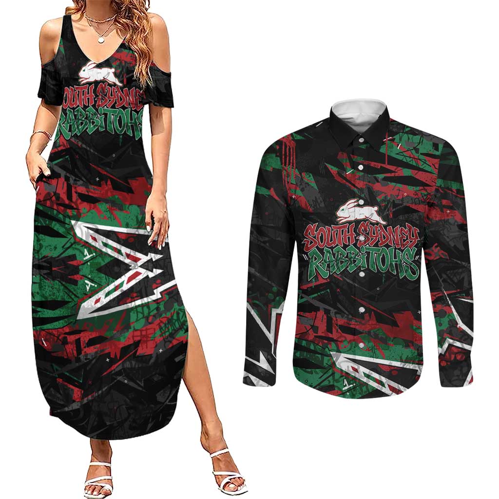 Personalized South Sydney Rabbitohs Couples Matching Summer Maxi Dress and Long Sleeve Button Shirt Graffiti Grunge Abstract Urban Street Style Design
