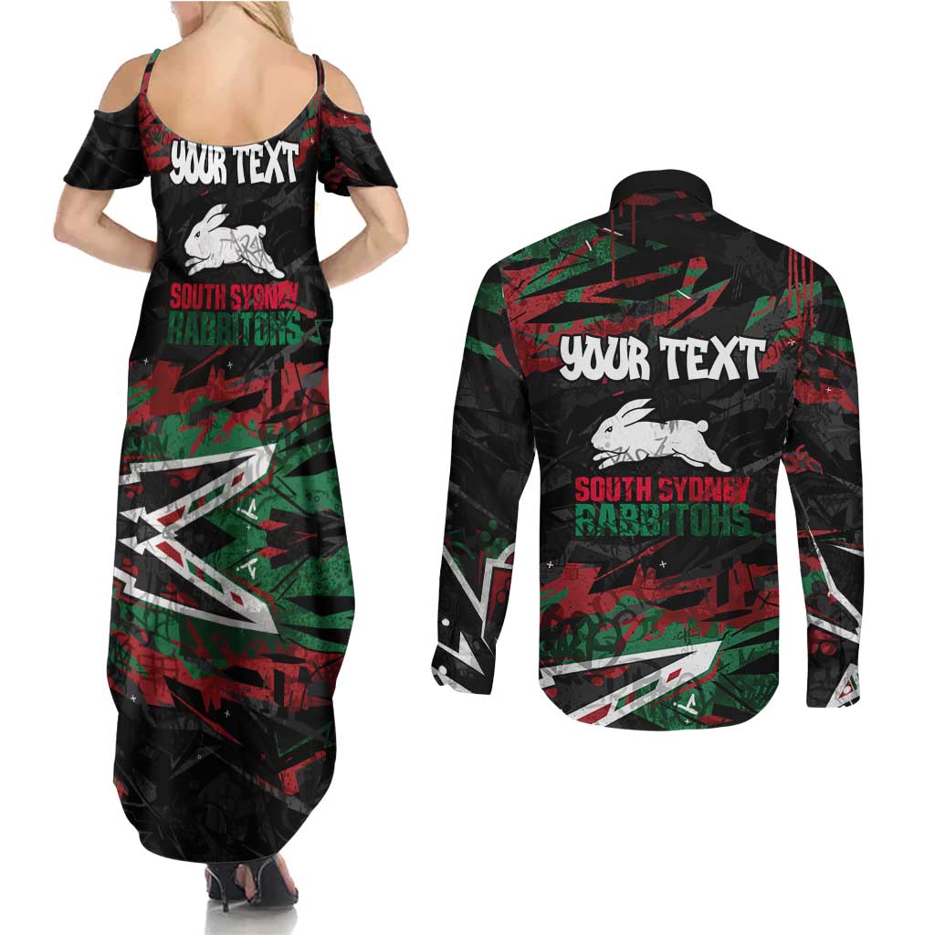 Personalized South Sydney Rabbitohs Couples Matching Summer Maxi Dress and Long Sleeve Button Shirt Graffiti Grunge Abstract Urban Street Style Design