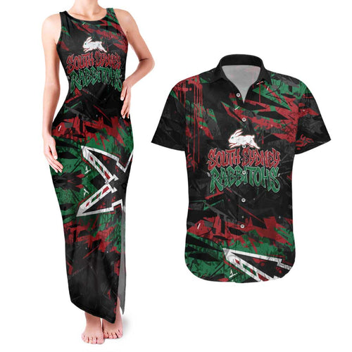 Personalized South Sydney Rabbitohs Couples Matching Tank Maxi Dress and Hawaiian Shirt Graffiti Grunge Abstract Urban Street Style Design