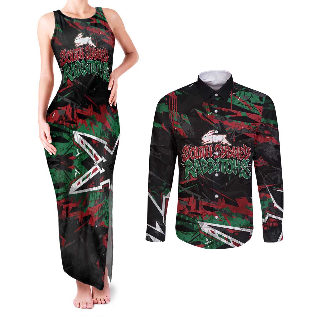 Personalized South Sydney Rabbitohs Couples Matching Tank Maxi Dress and Long Sleeve Button Shirt Graffiti Grunge Abstract Urban Street Style Design