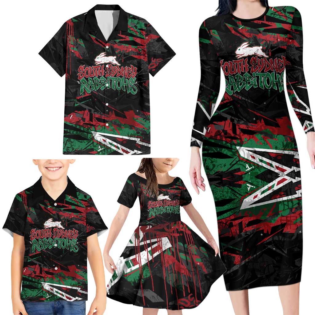 Personalized South Sydney Rabbitohs Family Matching Long Sleeve Bodycon Dress and Hawaiian Shirt Graffiti Grunge Abstract Urban Street Style Design