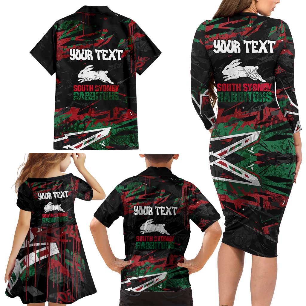 Personalized South Sydney Rabbitohs Family Matching Long Sleeve Bodycon Dress and Hawaiian Shirt Graffiti Grunge Abstract Urban Street Style Design