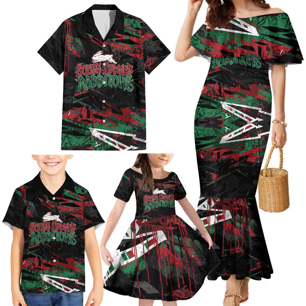 Personalized South Sydney Rabbitohs Family Matching Mermaid Dress and Hawaiian Shirt Graffiti Grunge Abstract Urban Street Style Design